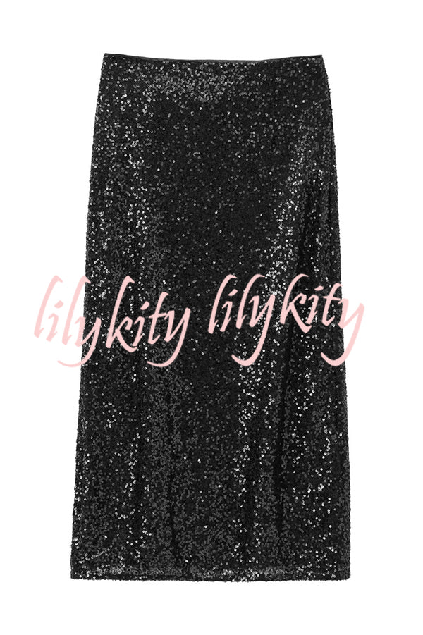 Crushing on You Sequin High Rise Wrap Tie-up Slit Midi Skirt