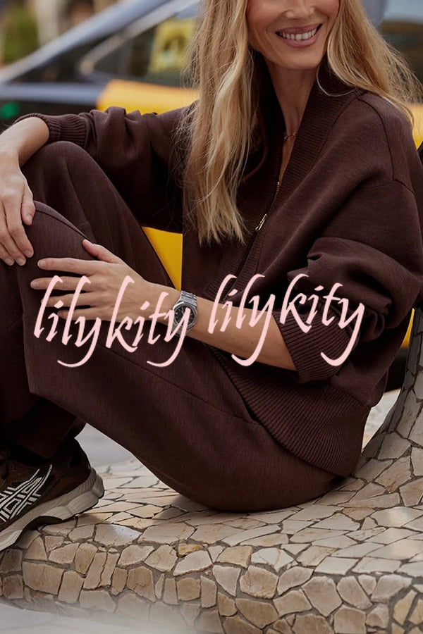 Meet The Autumn Ribbed Zipper Neck Sweatshirt and Elastic Waist Pocketed Loose Pants Set