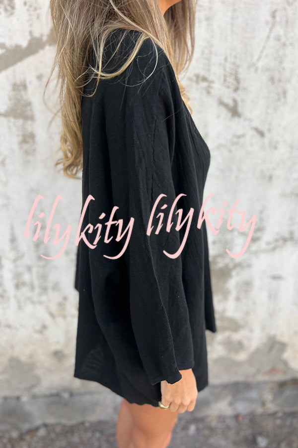 Solid Color V-neck Loose Long-sleeved Button Top