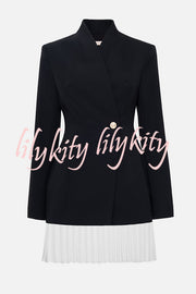 Fashionable Contrast Color Elegant Long Sleeve Pleated Suit Mini Dress