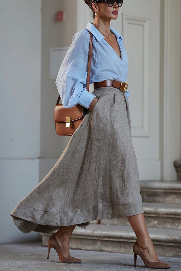 Caught A Vibe Linen Blend Back Elastic Waist Pocketed High Low Maxi Skirt