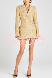 Heels Click Tweed Fabric Pearl Button Long Sleeve Lapel Blazer Mini Dress