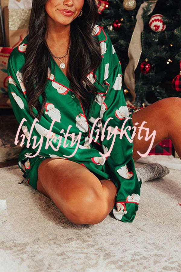 Dear Santa Satin Printed Elastic Waist Pocket Pajama Shorts Set