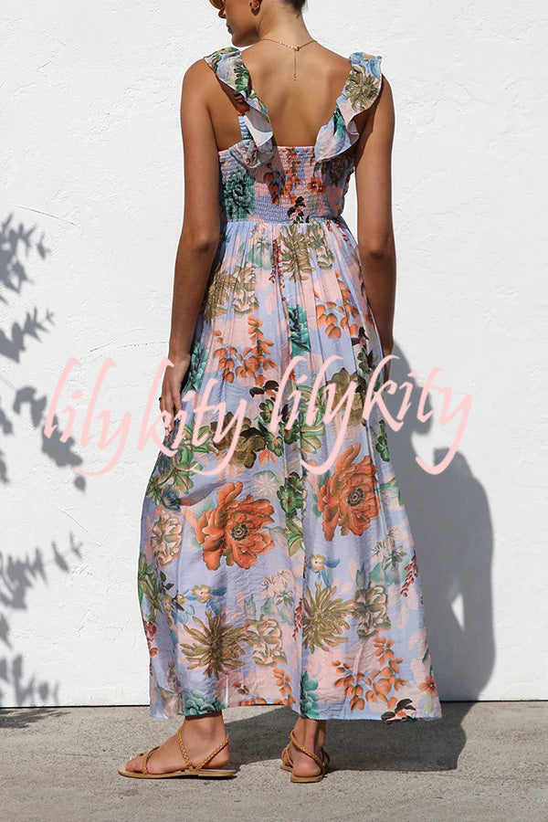 Unique Printed V-neck Ruffled Straps Pleated Back Maxi Dress