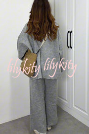 Solid Color Loose Long-sleeved Knit Top and Elastic Waist Casual Straight Leg Pants Set