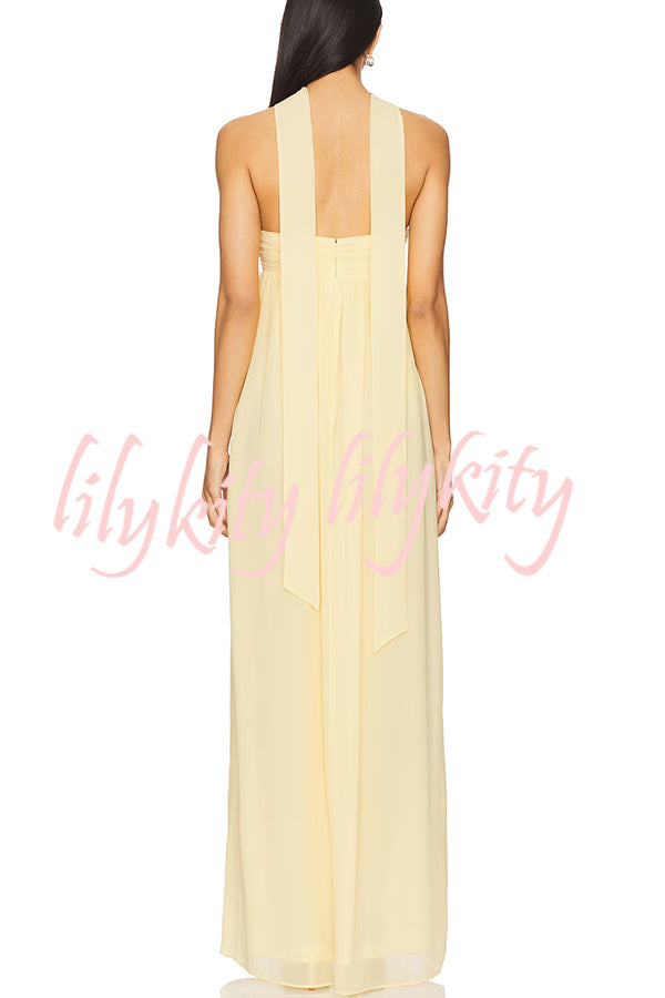 Butter Yellow Ruched Bust Off Shoulder Scarf A-line Maxi Dress
