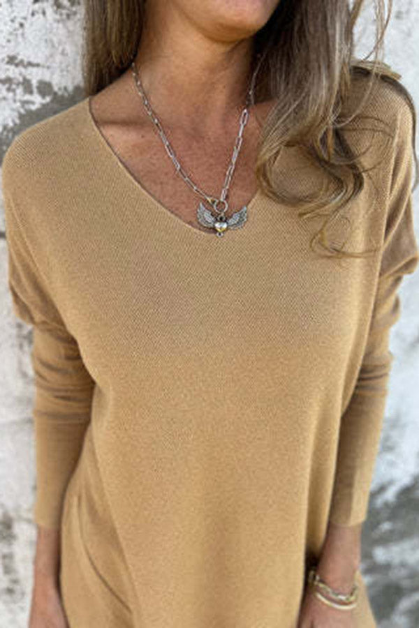 Solid Color V-neck Loose Long-sleeved Knitted T-shirt