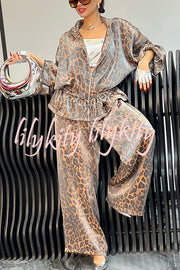 Leopard Print Drawstring Waist Zipper Jacket and Elastic Waist Pocket Loose Pants Set