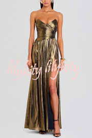 Goddess Temperament Metallic Pleated Fabric Off Shoulder Slit Maxi Dress