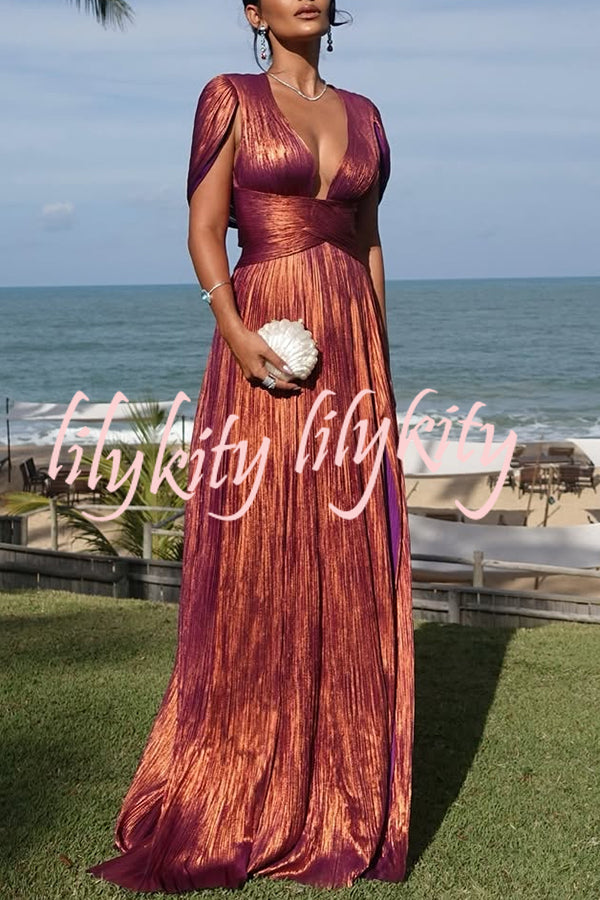 Dreamy Destiny Metallic Fabric Cape Sleeve Back Tie-up Maxi Dress