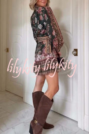 Brazilian Style Unique Floral Print Puff Sleeve Belted Pleated Hem Mini Dress