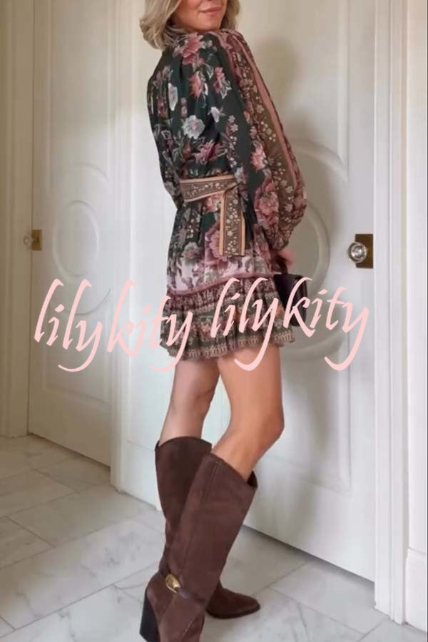 Brazilian Style Unique Floral Print Puff Sleeve Belted Pleated Hem Mini Dress