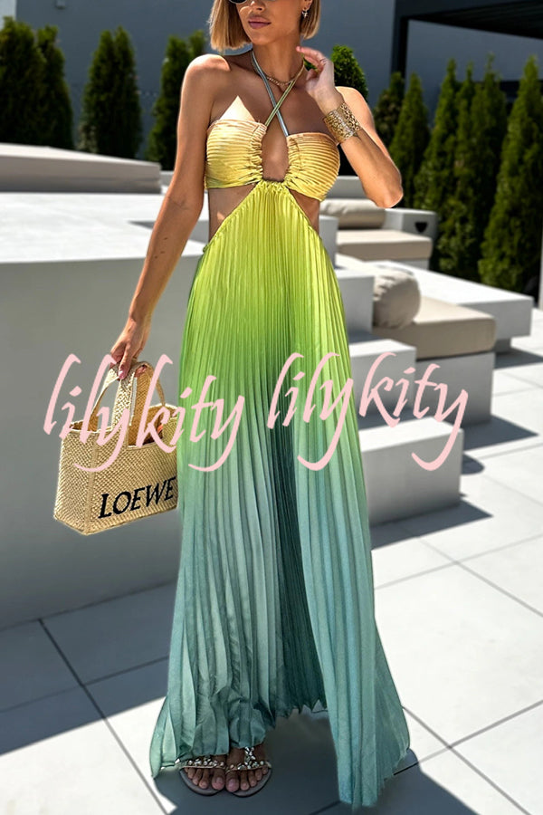 Get Ready Beautiful Gradient Print Cutout Halterneck Pleated Maxi Dress