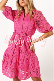 Solid Color Lace Cutout Balloon Sleeves and Waist Tie Mini Dress