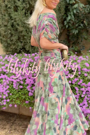 Unique Printed V-Neck Waisted Mesh Holiday Maxi Dress