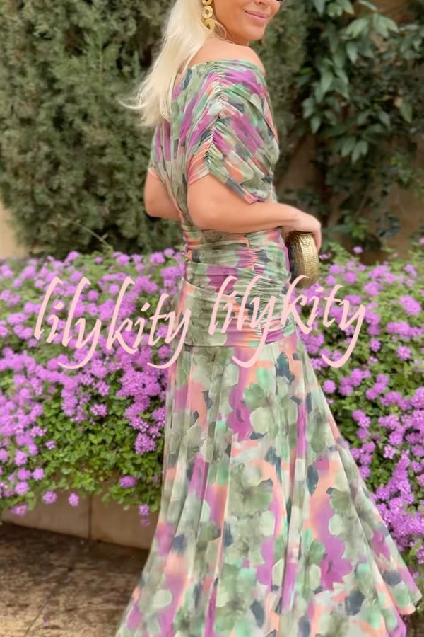 Unique Printed V-Neck Waisted Mesh Holiday Maxi Dress