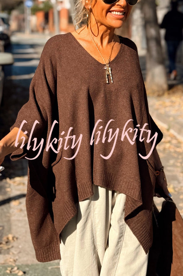 Fashion V-neck Loose Pocket Mid-length Knitted Sweater