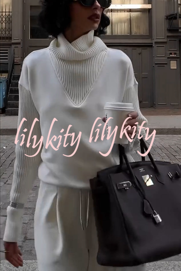 Morning Coffee Walks Ribbed Turtleneck Long Sleeve Sweatshirt and Elastic Waist Pocketed Loose Pants Set