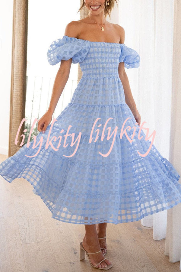 Dare To Dance Square Pattern Fabric Smocked Puff Sleeve Midi Dress