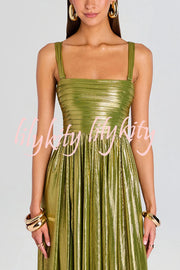 Artistic Quality Metallic Pleated Fabric Removable Straps Slit Maxi Dress