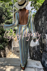 Ruffled Backless Long-sleeved Wavy Striped Beach Resort Maxi Dress