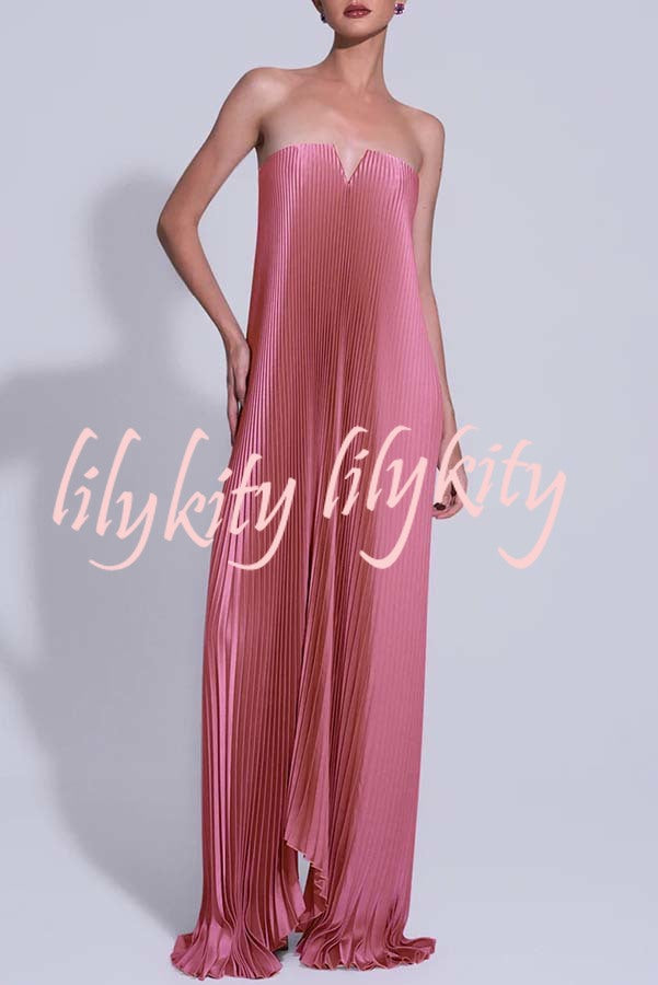 Darling Moment Satin Fabric Off Shoulder V-neck Asymmetric Hem A-line Maxi Dress