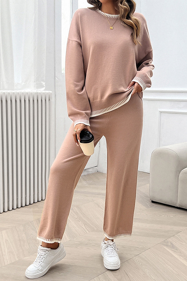 Home Casual Contrasting Color Knitted Sweater and Elastic Waist Loose Pants Set