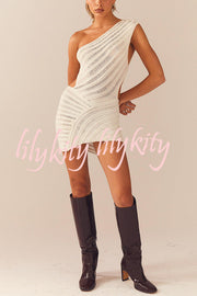 Solid Color Sexy One Shoulder Hollow Stitching Slim Fit Knitted Mini Dress