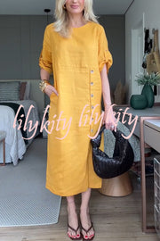 Ultra-comfortable Linen Blend Half Sleeve Front Button Detail Relaxed Pocket Midi Dress