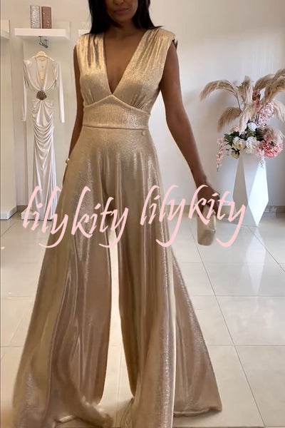 Roisin Metallic Fabric Ruched Shoulder V-neck Wide Leg Drape Jumpsuit