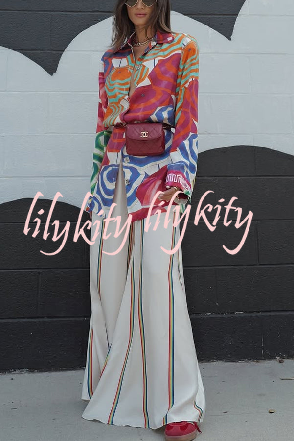Elouise Satin Color Block Art Print Long Sleeve Button Back Elastic Waist H-line Mini Dress