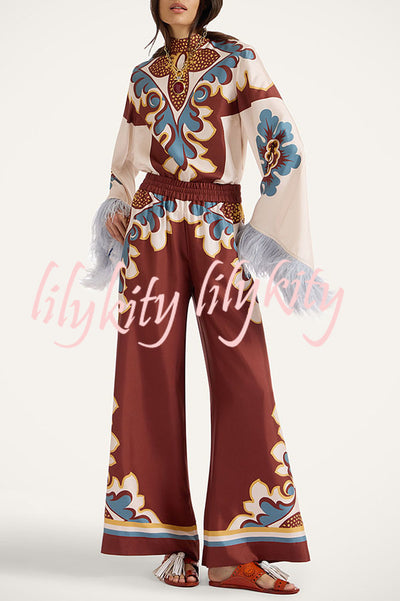 Bohemian Dreams Unique Print Elastic Waist Pocket Wide Leg Pants