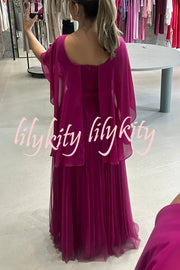 Ready for Holiday Cape Sleeve Tie-up Pleated Maxi Dress