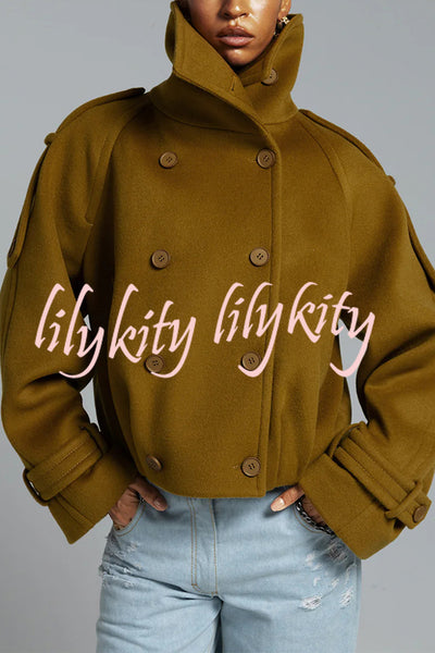 Ellie Epaulettes Stand Neck Double-Breasted Pocket Cropped Loose Woolen Coat