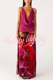 Sexy Deep V Backless Draped Camisole Top and Floral Print Chiffon Maxi Skirt Set