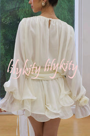 Solid Color Long Sleeve V-Neck Lace-Up Elegant Flower Decorated Mini Dress