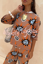 Mediterranean Art Knit Unique Sun Vortex Print Long Sleeve Relaxed Sweater