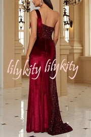 Taylor Sequin Velvet Patchwork One Shoulder Ruched Slit Prom Maxi Dress