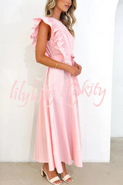 Solid One Shoulder Ruffled Sleeves Tie Waist Maxi Dress