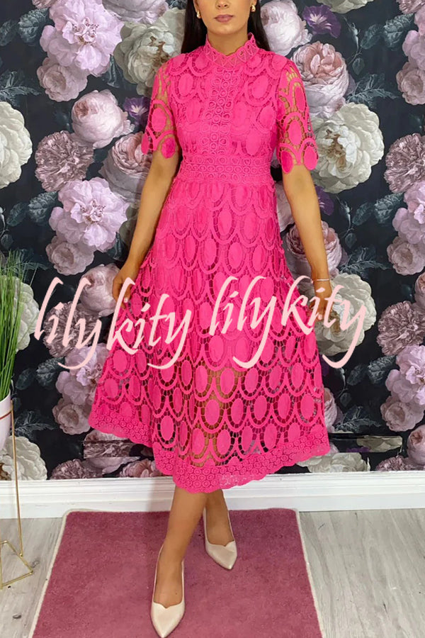 Elegant Crocheted Cutout Lace Short-sleeved Stand-collar Midi Dress