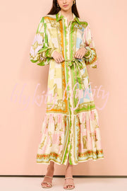 Garden Party Satin Unique Print Balloon Sleeve Belted Shirt Maxi Dress