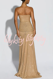 Paula Sequined Mesh and Jersey Off Shoulder Ruched Knot Drape Shawl Maxi Dress