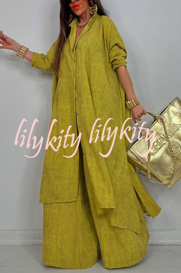 Solid Color Casual Loose Long Shirt and Elastic Waist Pocket Wide Leg Pants Set