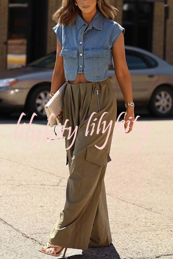 Great Week Pleated Elastic Waist Zipper Pocket Wide Leg Cargo Pants