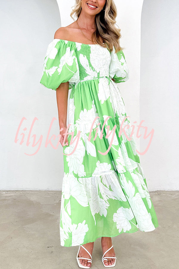 Unique Floral Print Patchwork Lace Up Pleated Maxi Dress