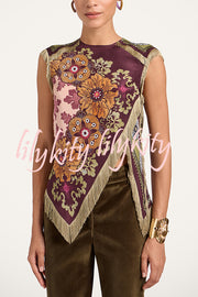 Stunning Floral Print Asymmetric Tassel Trim Scarf Top
