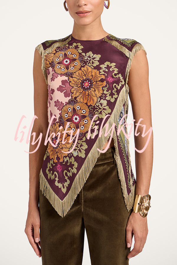Stunning Floral Print Asymmetric Tassel Trim Scarf Top