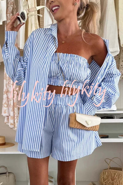 Zoie Striped Stretch Bandeau + Elastic Waist Pocket Shorts + Oversized Blouse 3 Pieces Set