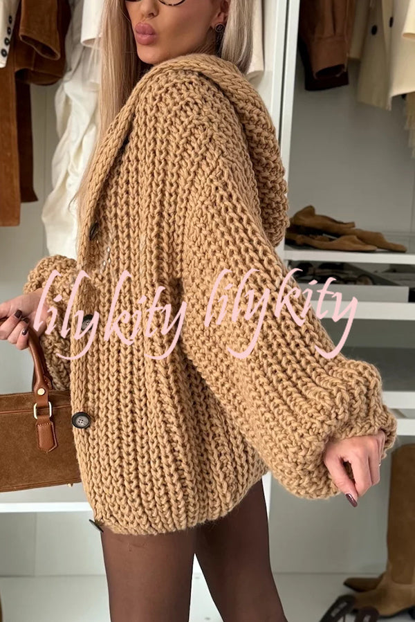 Warm Day Knit Button Up Long Balloon Sleeve Hooded Loose Cardigan