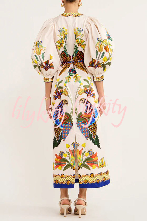 Garden Party Unique Heaven Bird Print Puff Sleeve Pocketed Loose Midi Dress